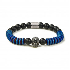 Morchic Natural Matte Onyx/Blue Hematite Stone Beads with CZ Skull Stretch Bracelet - Mens Womens Energy Cuff Bangle 8mm